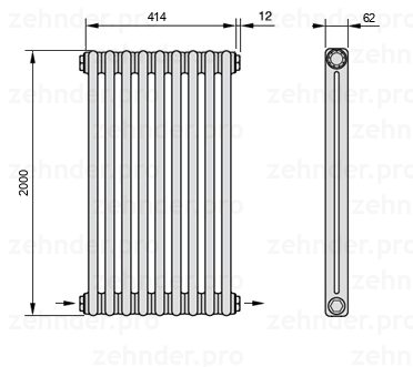 Схема (чертеж) Радиатор Zehnder Charleston 2200/9 №2670 Белый глянцевый RAL 9016
